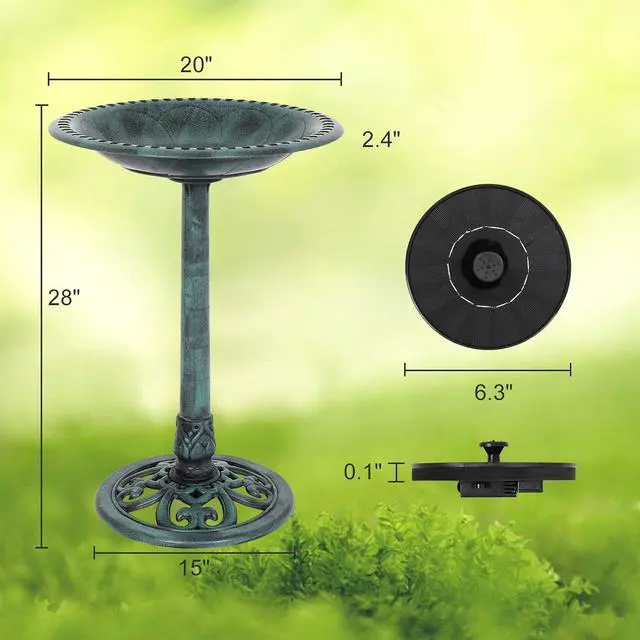 Alt view image 4 of 7 - Pedestal Bird Bath with Solar Fountain, Solar Pump Resin Birdbaths, Weather Resistant Bird Baths with Ground Stakes, Vintage Finish Garden Decor for Outdoor, Patio, Yard, Lawn(Green)