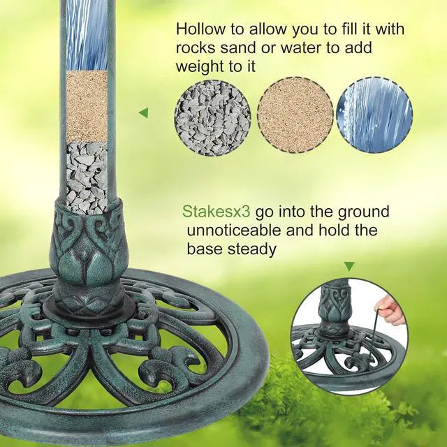 Alt view image 6 of 7 - Pedestal Bird Bath with Solar Fountain, Solar Pump Resin Birdbaths, Weather Resistant Bird Baths with Ground Stakes, Vintage Finish Garden Decor for Outdoor, Patio, Yard, Lawn(Green)