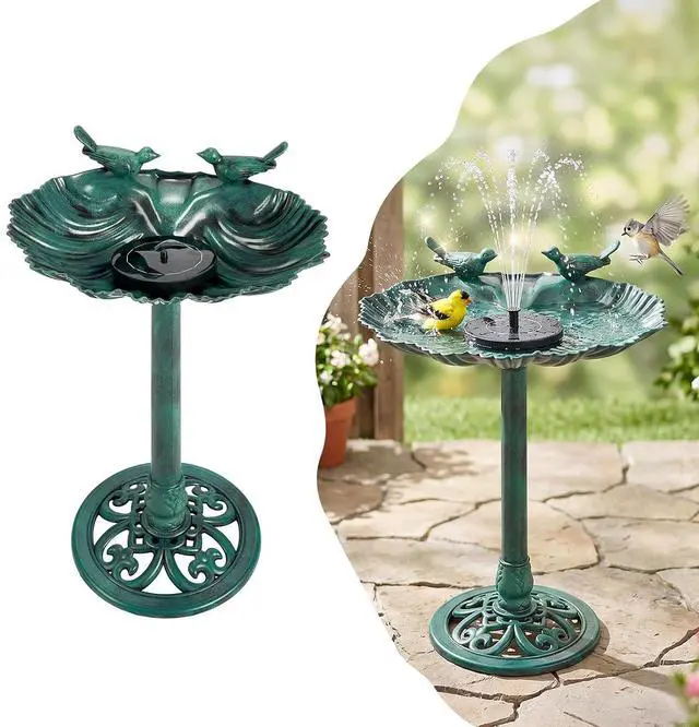 Main image of Pedestal Bird Bath with Solar Fountain, Solar Pump Resin Birdbaths, Weather Resistant Bird Baths with Ground Stakes, Vintage Finish Garden Decor for Outdoor, Patio, Yard, Lawn(Green Shell)