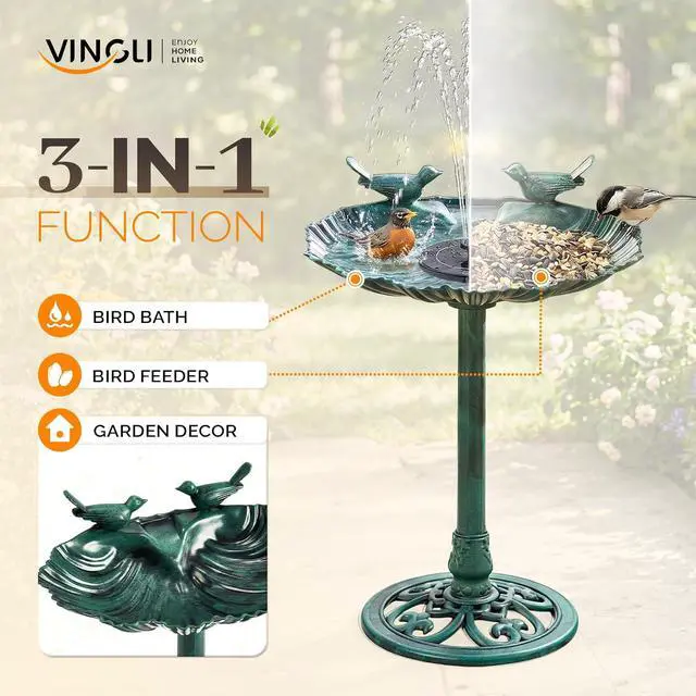 Alt view image 3 of 7 - Pedestal Bird Bath with Solar Fountain, Solar Pump Resin Birdbaths, Weather Resistant Bird Baths with Ground Stakes, Vintage Finish Garden Decor for Outdoor, Patio, Yard, Lawn(Green Shell)