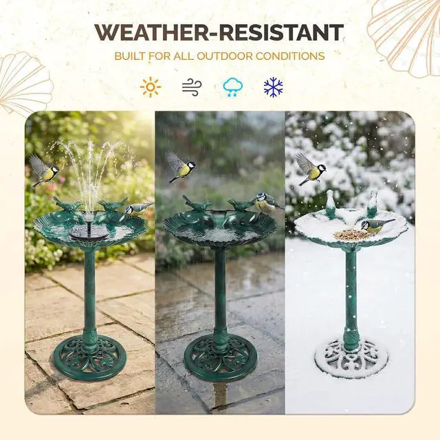 Alt view image 4 of 7 - Pedestal Bird Bath with Solar Fountain, Solar Pump Resin Birdbaths, Weather Resistant Bird Baths with Ground Stakes, Vintage Finish Garden Decor for Outdoor, Patio, Yard, Lawn(Green Shell)