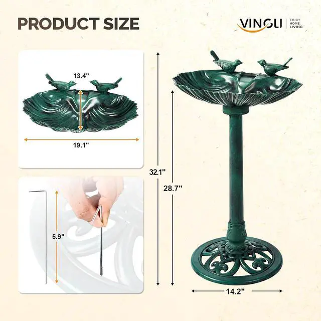Alt view image 6 of 7 - Pedestal Bird Bath with Solar Fountain, Solar Pump Resin Birdbaths, Weather Resistant Bird Baths with Ground Stakes, Vintage Finish Garden Decor for Outdoor, Patio, Yard, Lawn(Green Shell)