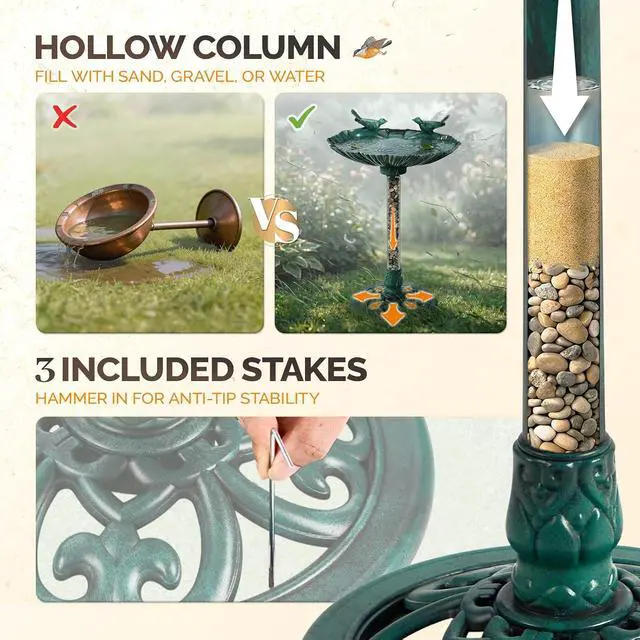Alt view image 5 of 7 - Pedestal Bird Bath with Solar Fountain, Solar Pump Resin Birdbaths, Weather Resistant Bird Baths with Ground Stakes, Vintage Finish Garden Decor for Outdoor, Patio, Yard, Lawn(Green Shell)