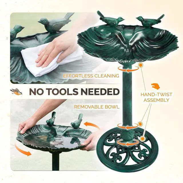 Alt view image 7 of 7 - Pedestal Bird Bath with Solar Fountain, Solar Pump Resin Birdbaths, Weather Resistant Bird Baths with Ground Stakes, Vintage Finish Garden Decor for Outdoor, Patio, Yard, Lawn(Green Shell)
