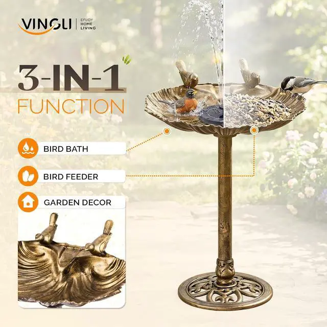 Alt view image 2 of 7 - Pedestal Bird Bath with Solar Fountain, Solar Pump Resin Birdbaths, Weather Resistant Bird Baths with Ground Stakes, Vintage Finish Garden Decor for Outdoor, Patio, Yard, Lawn (Copper Shell)