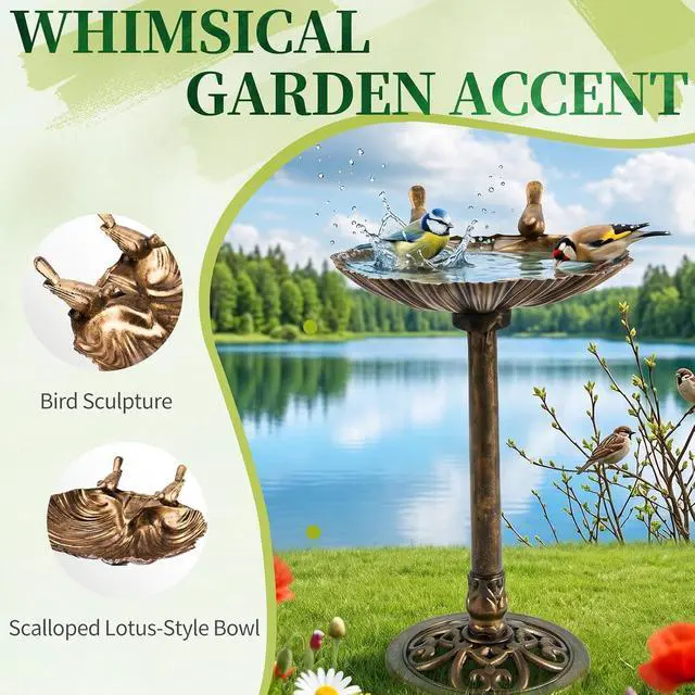 Alt view image 5 of 7 - Pedestal Bird Bath with Solar Fountain, Solar Pump Resin Birdbaths, Weather Resistant Bird Baths with Ground Stakes, Vintage Finish Garden Decor for Outdoor, Patio, Yard, Lawn (Copper Shell)