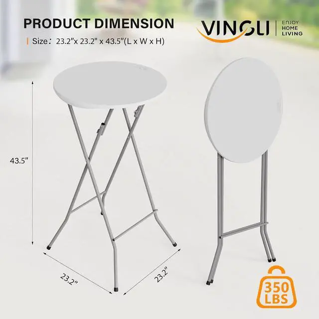 Alt view image 3 of 7 - 24" Plastic Folding Round Table Bar Height, HDPE Matrial with Gray Metal Finish, High Top Table for Outdoor Party, Cafes, Restaurants, Backyard, Dining Room, Wedding Event,1 Pack, White