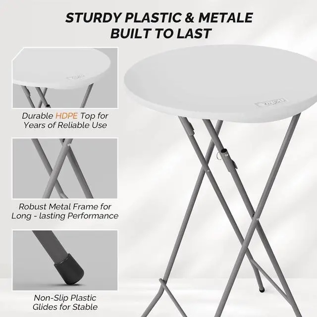 Alt view image 4 of 7 - 24" Plastic Folding Round Table Bar Height, HDPE Matrial with Gray Metal Finish, High Top Table for Outdoor Party, Cafes, Restaurants, Backyard, Dining Room, Wedding Event,1 Pack, White