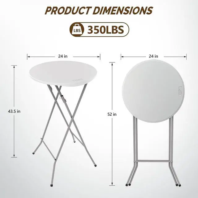 Alt view image 5 of 7 - 24" Plastic Folding Round Table Bar Height, HDPE Matrial with Gray Metal Finish, High Top Table for Outdoor Party, Cafes, Restaurants, Backyard, Dining Room, Wedding Event,1 Pack, White