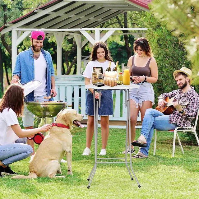 Alt view image 2 of 7 - 24" Plastic Folding Round Table Bar Height, HDPE Matrial with Gray Metal Finish, High Top Table for Outdoor Party, Cafes, Restaurants, Backyard, Dining Room, Wedding Event,1 Pack, White