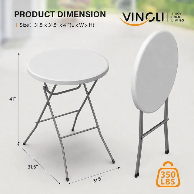 Alt view image 5 of 7 - 32" Plastic Folding Round Table Bar Height, HDPE Matrial with Gray Metal Finish, High Top Table for Outdoor Party, Cafes, Restaurants, Backyard, Dining Room, Wedding Event,1 Pack, White