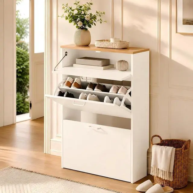 Main image of Shoe Cabinet Storage for Entryway,White Small Narrow Shoe Rack,25" W | 812 Pairs,Skirting Board Cutout,Drop-Down Drawer,9.4"D Slim,Two-Tone Oak & White,2 Flip Drawers,Adjustable & Removable Shelf