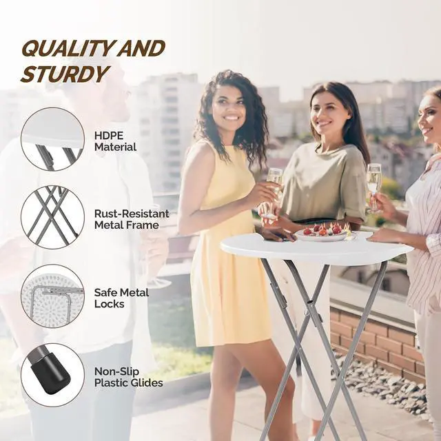 Alt view image 6 of 7 - 24" Plastic Folding Round Table Bar Height, HDPE Matrial with Gray Metal Finish, High Top Table for Outdoor Party, Cafes, Restaurants, Backyard, Dining Room, Wedding Event,1 Pack, White
