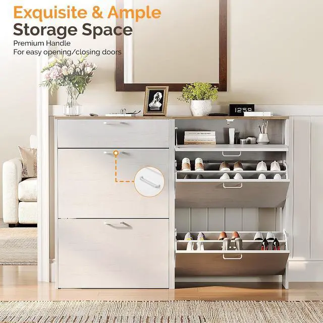 Alt view image 4 of 7 - Set of 2 Shoe Cabinets Storage for Entryway,2-Pack,Rustic White | 1624 Pairs,Skirting Board Cutout,Drop-Down Drawer,9.4"D Slim,Farmhouse,2 Flip Drawers,Adjustable & Removable Shelf