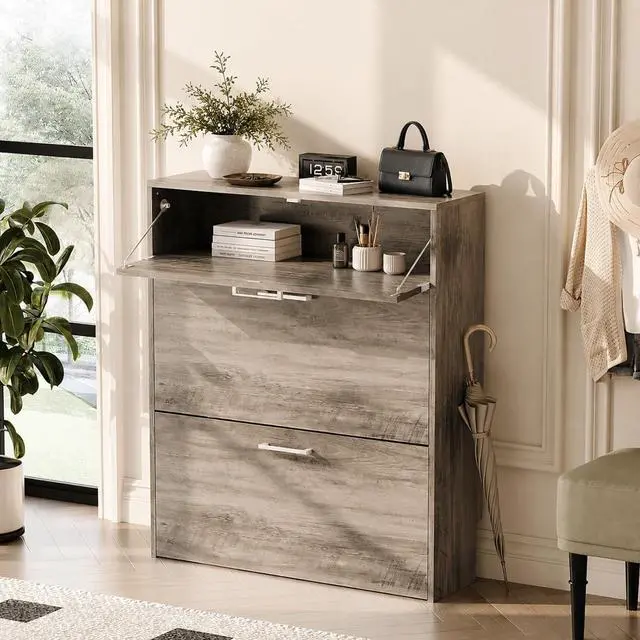 Alt view image 3 of 7 - Grey Shoe Cabinet for Entryway, Slim Shoe Rack Storage with 3 Flip Drawers, Rustic Washed Grey Wood Finish, Narrow Hidden Shoe Organizer for Hallway, 9.5" Depth, Greige