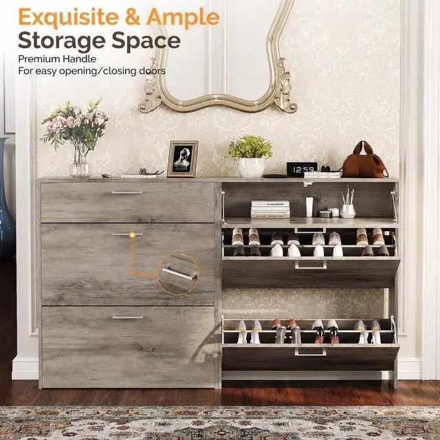 Alt view image 4 of 7 - Grey Shoe Cabinet for Entryway, Slim Shoe Rack Storage with 3 Flip Drawers, Rustic Washed Grey Wood Finish, Narrow Hidden Shoe Organizer for Hallway, 9.5" Depth, Greige
