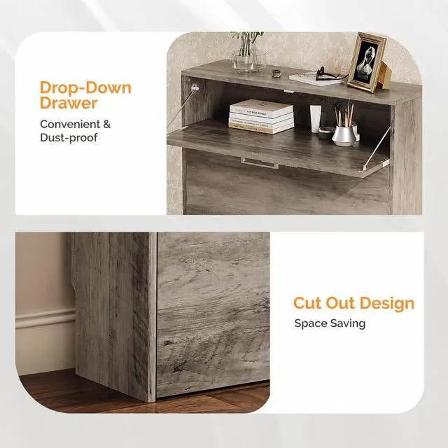 Alt view image 5 of 7 - Grey Shoe Cabinet for Entryway, Slim Shoe Rack Storage with 3 Flip Drawers, Rustic Washed Grey Wood Finish, Narrow Hidden Shoe Organizer for Hallway, 9.5" Depth, Greige