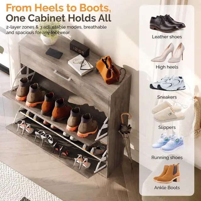 Alt view image 7 of 7 - Grey Shoe Cabinet for Entryway, Slim Shoe Rack Storage with 3 Flip Drawers, Rustic Washed Grey Wood Finish, Narrow Hidden Shoe Organizer for Hallway, 9.5" Depth, Greige