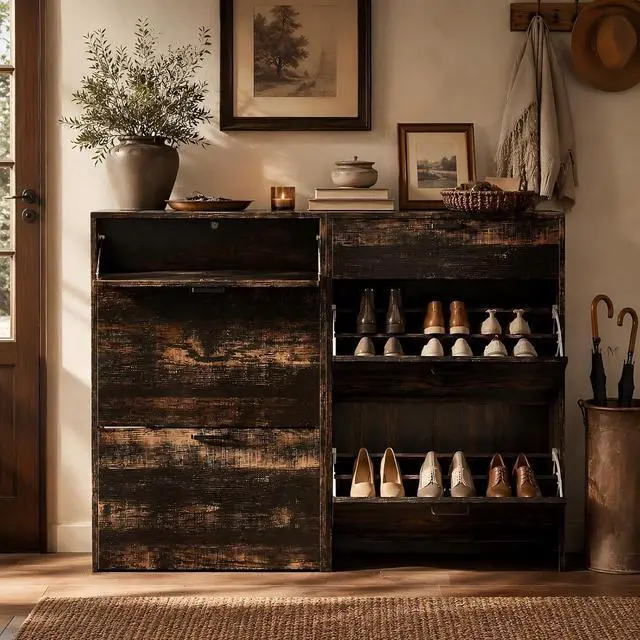 Alt view image 4 of 7 - Shoe Cabinet Storage for Entryway,Rustic Small Narrow Shoe Rack,25"W | 812 Pairs,Skirting Board Cutout,Drop-Down Drawer,9.4"D Slim,Dark Rustic Oak,2 Flip Drawers,Adjustable & Removable Shelf