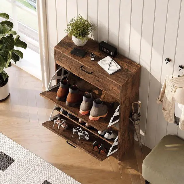 Alt view image 3 of 7 - Shoe Cabinet Storage for Entryway,Rustic Brown Narrow Shoe Rack,25"W | 812 Pairs,Skirting Board Cutout,Drop-Down Drawer,9.4"D Slim,Farmhouse,2 Flip Drawers,Adjustable & Removable Shelf