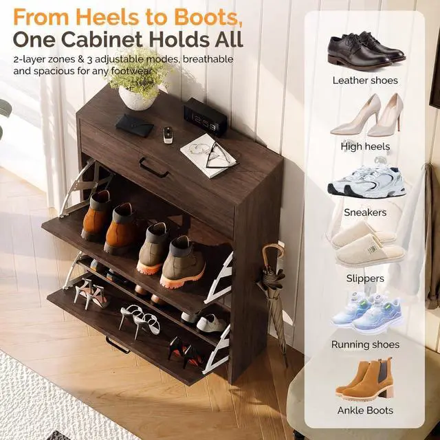 Alt view image 3 of 7 - Shoe Cabinet Storage for Entryway,Walnut Narrow Wood Shoe Rack,25" W | 812 Pairs,Skirting Board Cutout,Drop-Down Drawer,9.4"D Slim,Walnut,2 Flip Drawers,Adjustable & Removable Shelf,Freestanding
