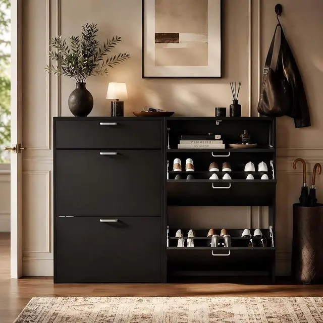 Main image of Set of 2 Shoe Cabinets Storage for Entryway,2-Pack,Black | 1624 Pairs,Skirting Board Cutout,Drop-Down Drawer,9.4"D Slim,Modern,2 Flip Drawers,Adjustable & Removable Shelf