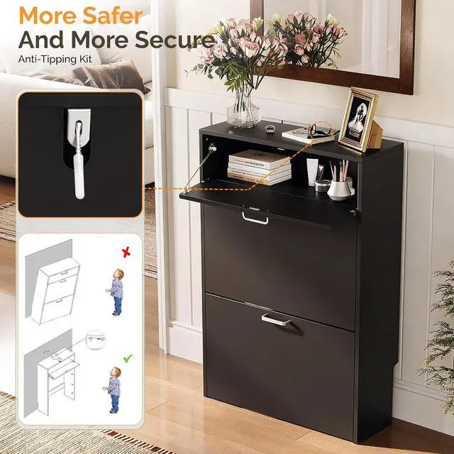Alt view image 7 of 7 - Set of 2 Shoe Cabinets Storage for Entryway,2-Pack,Black | 1624 Pairs,Skirting Board Cutout,Drop-Down Drawer,9.4"D Slim,Modern,2 Flip Drawers,Adjustable & Removable Shelf