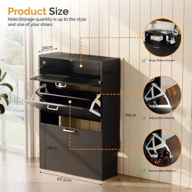 Alt view image 2 of 7 - Set of 2 Shoe Cabinets Storage for Entryway,2-Pack,Black | 1624 Pairs,Skirting Board Cutout,Drop-Down Drawer,9.4"D Slim,Modern,2 Flip Drawers,Adjustable & Removable Shelf