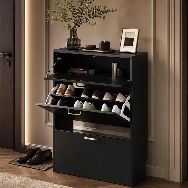 Alt view image 3 of 7 - Set of 2 Shoe Cabinets Storage for Entryway,2-Pack,Black | 1624 Pairs,Skirting Board Cutout,Drop-Down Drawer,9.4"D Slim,Modern,2 Flip Drawers,Adjustable & Removable Shelf