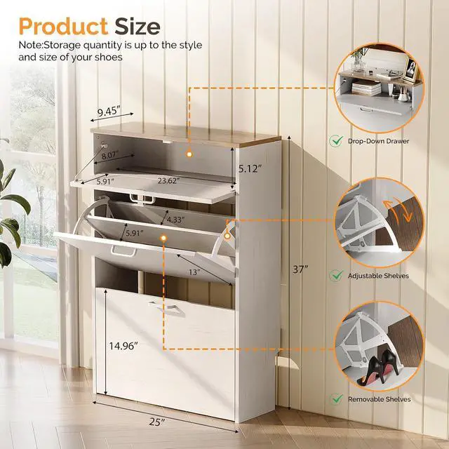 Alt view image 2 of 7 - Shoe Cabinet Storage for Entryway,Rustic White Narrow Shoe Rack,25"W | 812 Pairs,Skirting Board Cutout,1 Drop-Down Drawer,9.4"D Ultra Slim,Washed White & Vintage Brown,2 Flip Drawers,Farmhouse