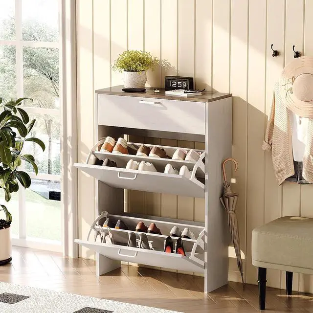 Alt view image 3 of 7 - Shoe Cabinet Storage for Entryway,Rustic White Narrow Shoe Rack,25"W | 812 Pairs,Skirting Board Cutout,1 Drop-Down Drawer,9.4"D Ultra Slim,Washed White & Vintage Brown,2 Flip Drawers,Farmhouse