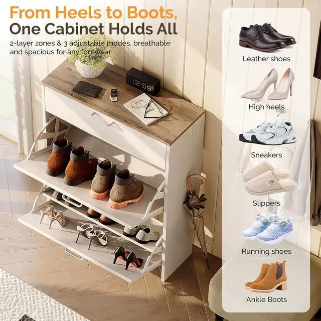 Alt view image 4 of 7 - Shoe Cabinet Storage for Entryway,Rustic White Narrow Shoe Rack,25"W | 812 Pairs,Skirting Board Cutout,1 Drop-Down Drawer,9.4"D Ultra Slim,Washed White & Vintage Brown,2 Flip Drawers,Farmhouse