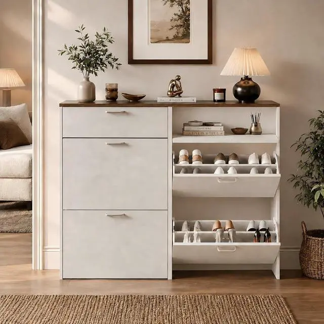 Alt view image 5 of 7 - Shoe Cabinet Storage for Entryway,Rustic White Narrow Shoe Rack,25"W | 812 Pairs,Skirting Board Cutout,1 Drop-Down Drawer,9.4"D Ultra Slim,Washed White & Vintage Brown,2 Flip Drawers,Farmhouse
