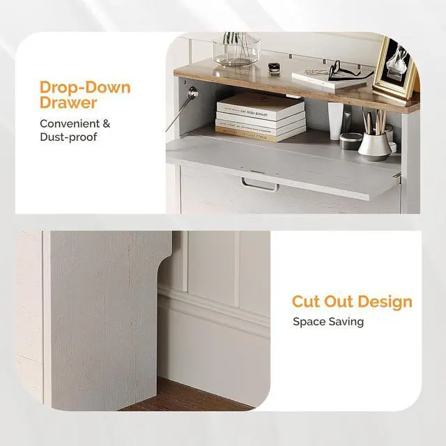 Alt view image 6 of 7 - Shoe Cabinet Storage for Entryway,Rustic White Narrow Shoe Rack,25"W | 812 Pairs,Skirting Board Cutout,1 Drop-Down Drawer,9.4"D Ultra Slim,Washed White & Vintage Brown,2 Flip Drawers,Farmhouse