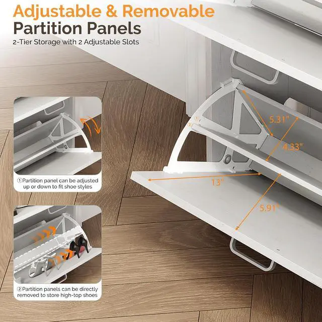 Alt view image 7 of 7 - Shoe Cabinet Storage for Entryway,Rustic White Narrow Shoe Rack,25"W | 812 Pairs,Skirting Board Cutout,1 Drop-Down Drawer,9.4"D Ultra Slim,Washed White & Vintage Brown,2 Flip Drawers,Farmhouse