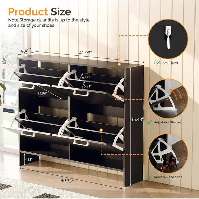 Alt view image 2 of 7 - Black Shoe Cabinet for Entryway, Ultra Slim Shoe Rack Storage with 4 Flip Drawers, Modern Narrow Shoe Organizer for Hallway, Hidden Sneaker Cupboard, 42 Inch Wide