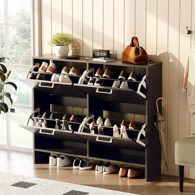 Alt view image 3 of 7 - Black Shoe Cabinet for Entryway, Ultra Slim Shoe Rack Storage with 4 Flip Drawers, Modern Narrow Shoe Organizer for Hallway, Hidden Sneaker Cupboard, 42 Inch Wide
