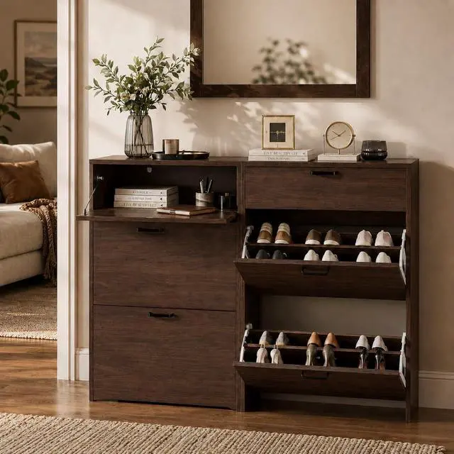 Alt view image 5 of 7 - Shoe Cabinet Storage for Entryway,Walnut Narrow Wood Shoe Rack,25" W | 812 Pairs,Skirting Board Cutout,Drop-Down Drawer,9.4"D Slim,Walnut,2 Flip Drawers,Adjustable & Removable Shelf,Freestanding