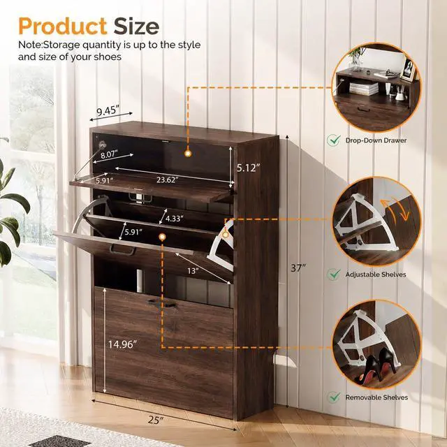 Alt view image 2 of 7 - Shoe Cabinet Storage for Entryway,Walnut Narrow Wood Shoe Rack,25" W | 812 Pairs,Skirting Board Cutout,Drop-Down Drawer,9.4"D Slim,Walnut,2 Flip Drawers,Adjustable & Removable Shelf,Freestanding