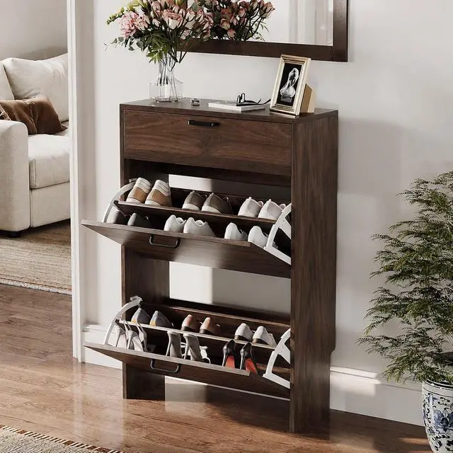Alt view image 4 of 7 - Shoe Cabinet Storage for Entryway,Walnut Narrow Wood Shoe Rack,25" W | 812 Pairs,Skirting Board Cutout,Drop-Down Drawer,9.4"D Slim,Walnut,2 Flip Drawers,Adjustable & Removable Shelf,Freestanding
