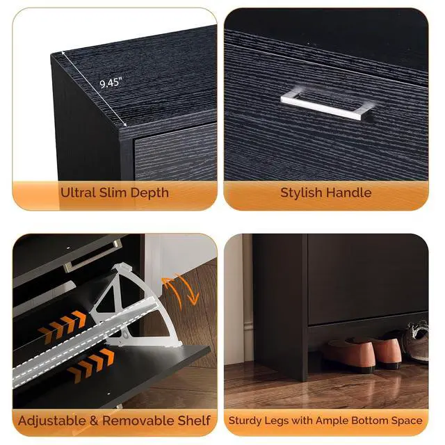Alt view image 5 of 7 - Black Shoe Cabinet for Entryway, Ultra Slim Shoe Rack Storage with 4 Flip Drawers, Modern Narrow Shoe Organizer for Hallway, Hidden Sneaker Cupboard, 42 Inch Wide