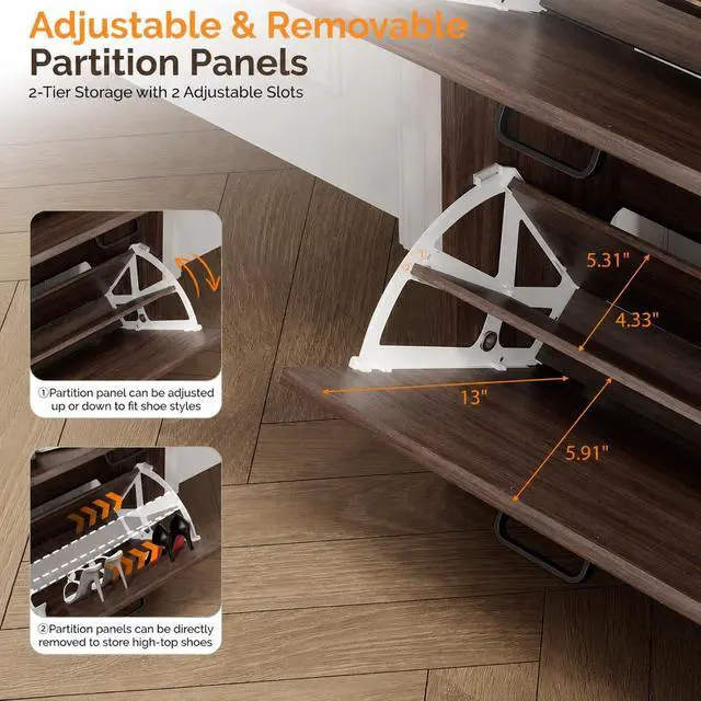 Alt view image 7 of 7 - Shoe Cabinet Storage for Entryway,Walnut Narrow Wood Shoe Rack,25" W | 812 Pairs,Skirting Board Cutout,Drop-Down Drawer,9.4"D Slim,Walnut,2 Flip Drawers,Adjustable & Removable Shelf,Freestanding
