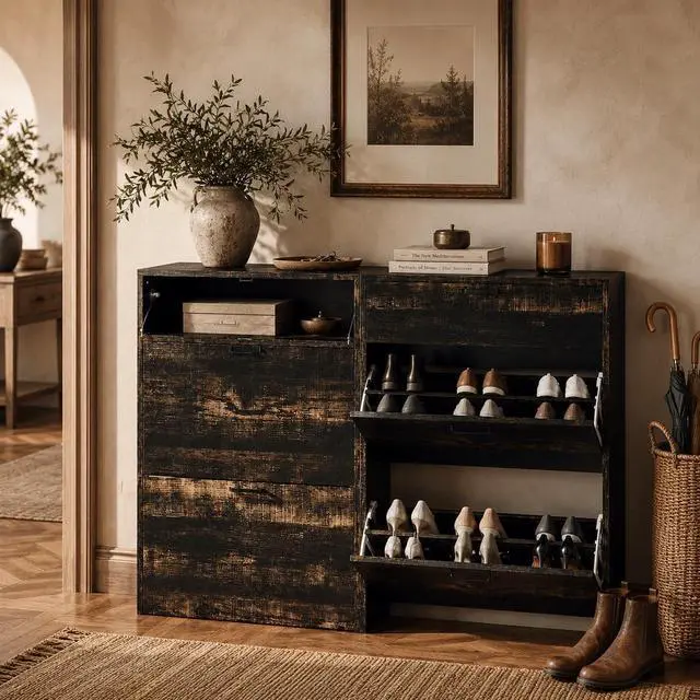 Main image of Set of 2 Shoe Cabinets Storage for Entryway,2-Pack,Dark Rustic Oak | 1624 Pairs,Skirting Board Cutout,Drop-Down Drawer,9.4"D Slim,Farmhouse,2 Flip Drawers,Adjustable & Removable Shelf