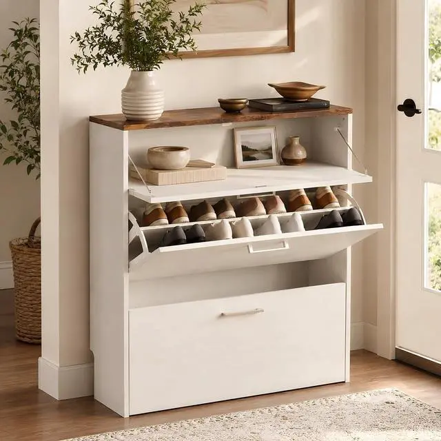 Main image of Shoe Cabinet for Entryway, Farmhouse Slim Shoe Rack Storage with 3 Flip Drawers, Rustic Brown Top & Washed White Body, Narrow Hidden Shoe Organizer for Hallway, 9.5" Depth