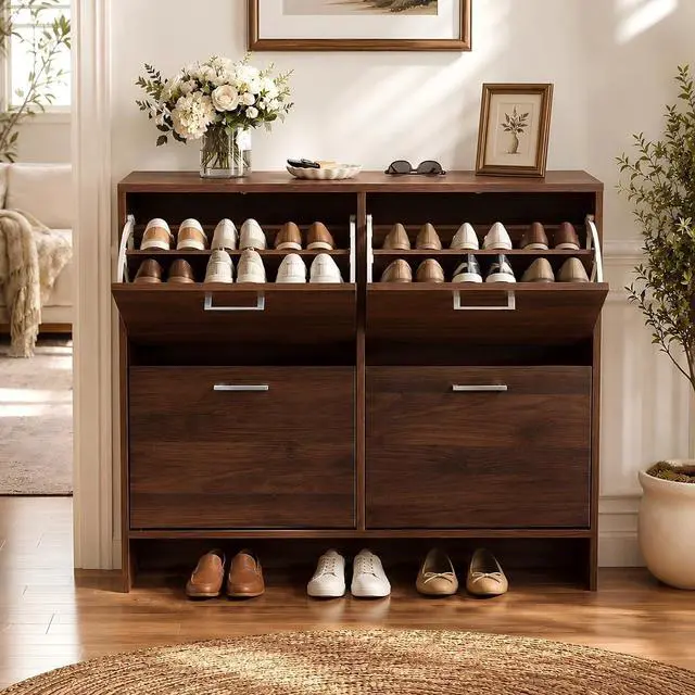 Main image of Walnut Shoe Cabinet for Entryway, Slim Rustic Shoe Storage Cabinet with 4 Flip Drawers, Mid-Century Modern Wood Shoe Rack Organizer, Narrow Farmhouse Cupboard, Dark Brown, 42 Inch