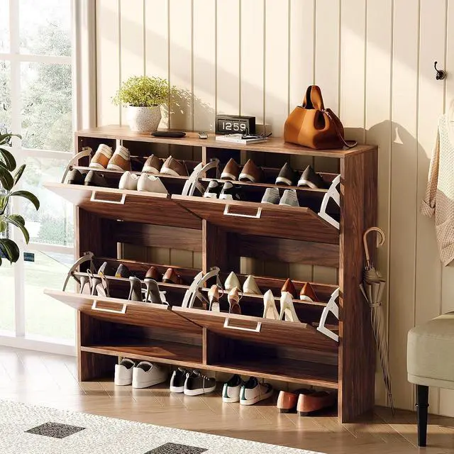 Alt view image 3 of 7 - Walnut Shoe Cabinet for Entryway, Slim Rustic Shoe Storage Cabinet with 4 Flip Drawers, Mid-Century Modern Wood Shoe Rack Organizer, Narrow Farmhouse Cupboard, Dark Brown, 42 Inch