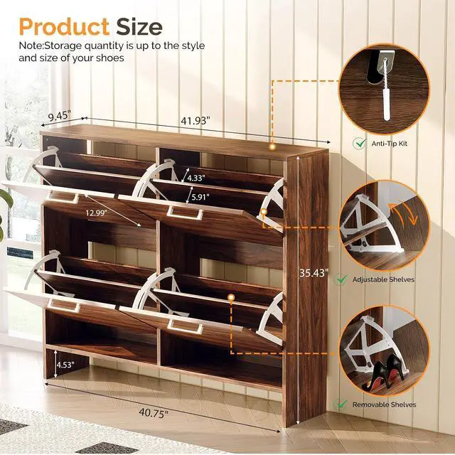 Alt view image 2 of 7 - Walnut Shoe Cabinet for Entryway, Slim Rustic Shoe Storage Cabinet with 4 Flip Drawers, Mid-Century Modern Wood Shoe Rack Organizer, Narrow Farmhouse Cupboard, Dark Brown, 42 Inch