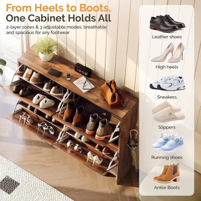 Alt view image 6 of 7 - Walnut Shoe Cabinet for Entryway, Slim Rustic Shoe Storage Cabinet with 4 Flip Drawers, Mid-Century Modern Wood Shoe Rack Organizer, Narrow Farmhouse Cupboard, Dark Brown, 42 Inch