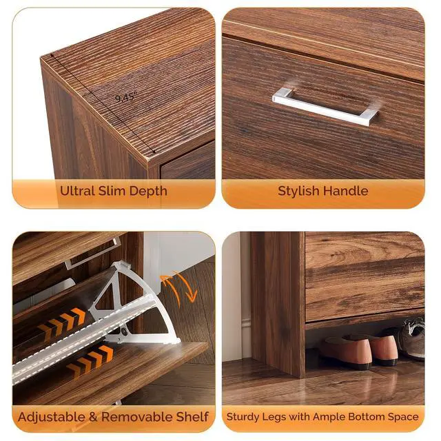 Alt view image 4 of 7 - Walnut Shoe Cabinet for Entryway, Slim Rustic Shoe Storage Cabinet with 4 Flip Drawers, Mid-Century Modern Wood Shoe Rack Organizer, Narrow Farmhouse Cupboard, Dark Brown, 42 Inch