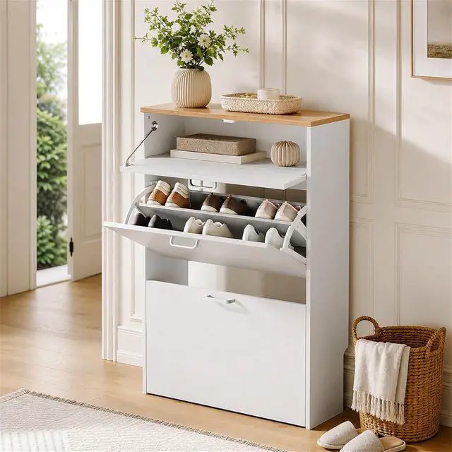 Alt view image 3 of 7 - Set of 2 Shoe Cabinets Storage for Entryway,2-Pack,White | 1624 Pairs,Skirting Board Cutout,Drop-Down Drawer,9.4"D Slim,Two-Tone Oak&White,2 Flip Drawers,Adjustable & Removable Shelf
